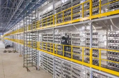 Aerial view of a large-scale mining farm powered by renewable energy sources