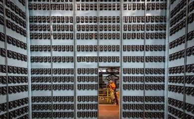 A expansive mining farm in France, showcasing sustainable energy sources powering cryptocurrency operations
